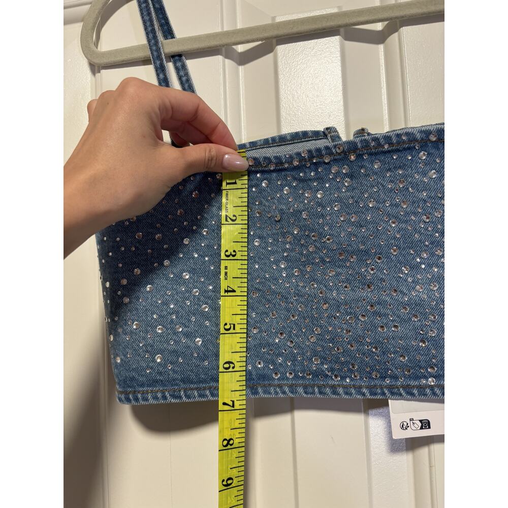 Zara Blue Denim Crystal Studded Crop Top S - Picture 5 of 8